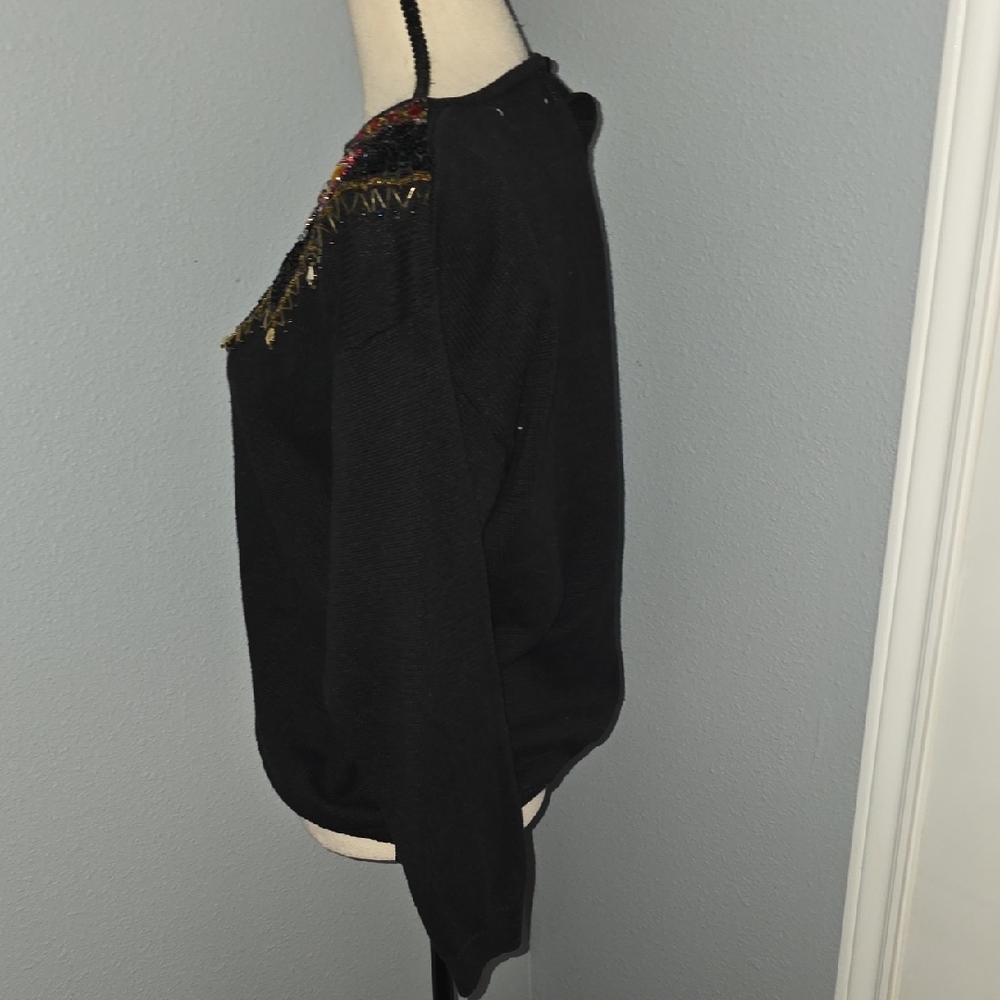 Black Jeweled Crewneck Sweater with Ornate Embellishment - Picture 6 of 8